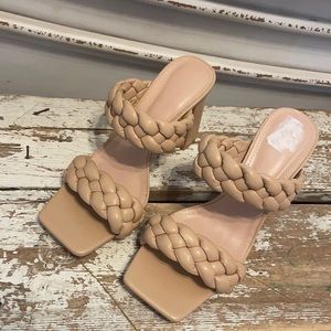 Faux leather tan braided heels 7 1/2 NWOT
